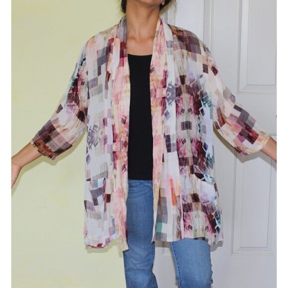 APNY Burgundy Abstract Long women's Cardigan multicolor open frontKimono Size L? - Picture 6 of 16
